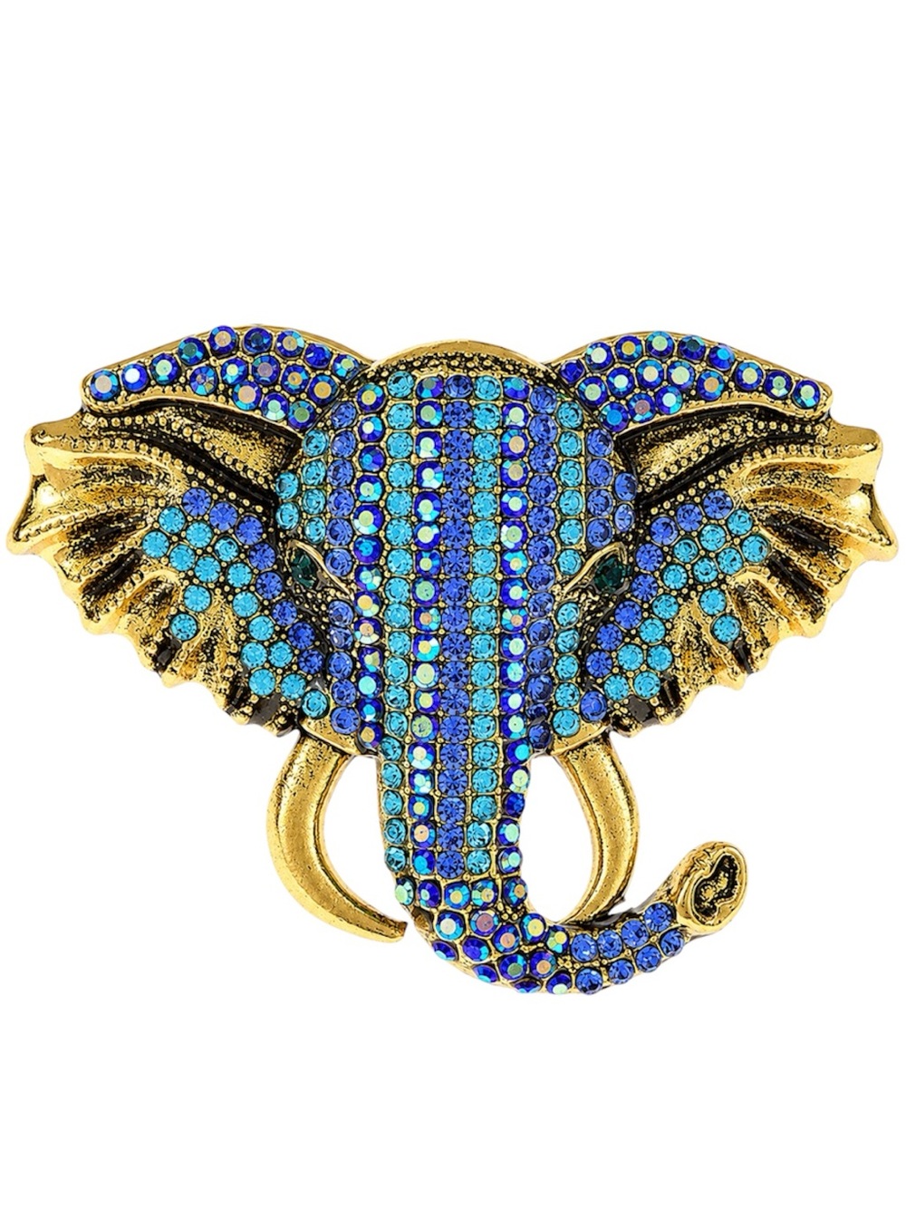 Blue Rhinestone Elephant Brooch Gold Tone Jeweled Elephant Statement Pin